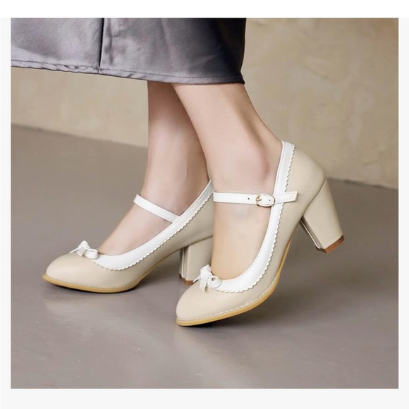 Jinpin Shoes - Chunky Block Heel Ankle Strap Bow Front Toe Retro Mary Jane Pumps, Beige, 10.5